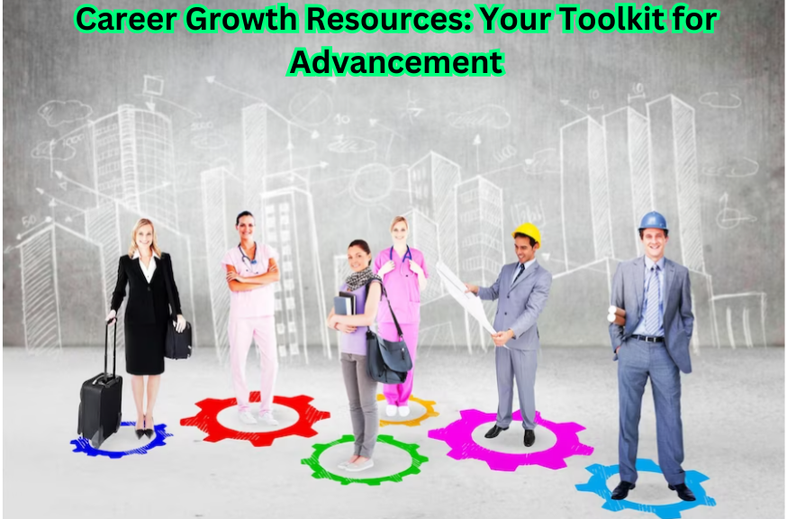 "Illustration of a diverse toolkit symbolizing Career Growth Resources, showcasing educational platforms, networking tools, and skill enhancement resources."
